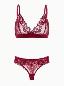 SHEIN Floral Lace Bra & Panty Lingerie Set - Burgundy - View 6