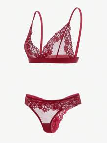 SHEIN 花卉蕾丝文胸和内裤内衣套装 - 酒紅色 - 查看 3