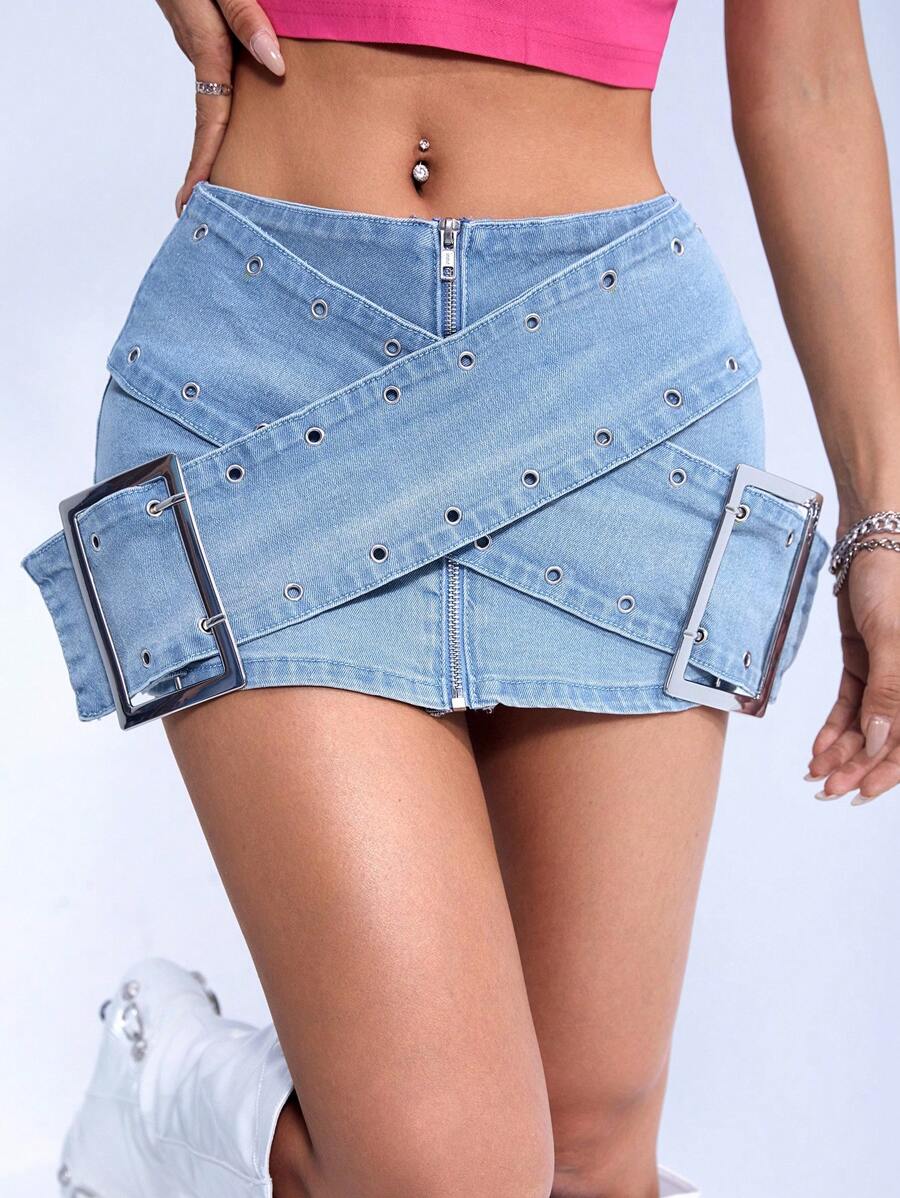 SHEIN ICON 拉链扣孔眼细节迷你牛仔半身裙 - 淺色水洗藍 - 查看 1