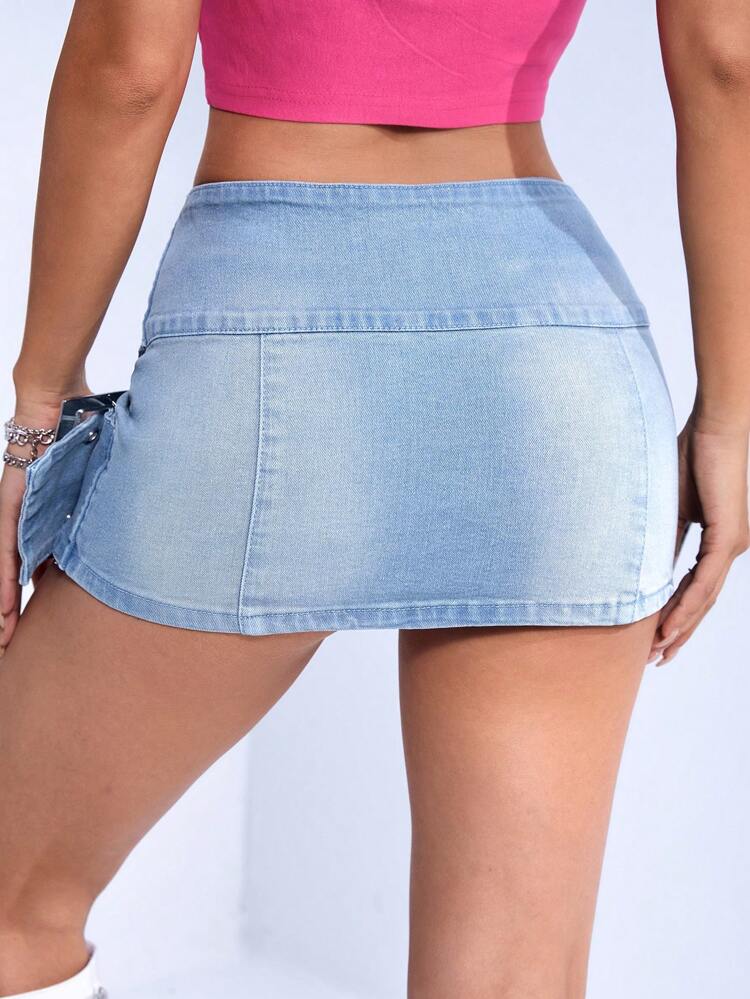 Zipper Buckle Eyelet Detail Mini Denim Skirt
