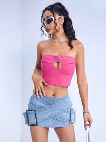 SHEIN ICON 拉链扣孔眼细节迷你牛仔半身裙 - 淺色水洗藍 - 查看 4