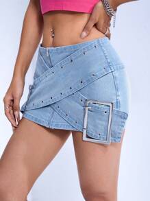 SHEIN ICON 拉链扣孔眼细节迷你牛仔半身裙 - 淺色水洗藍 - 查看 5