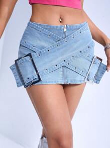 SHEIN ICON 拉链扣孔眼细节迷你牛仔半身裙 - 淺色水洗藍 - 查看 6