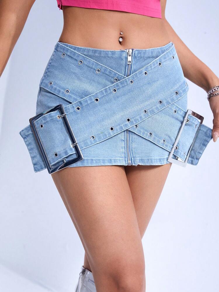 Zipper Buckle Eyelet Detail Mini Denim Skirt