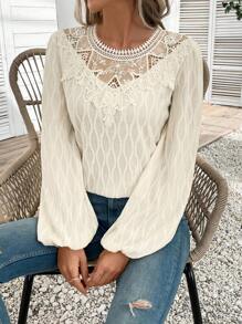 SHEIN Frenchy Guipure Lace Insert Lantern Sleeve Blouse Winter Casual - Apricot - View 1