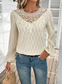 SHEIN Frenchy Guipure Lace Insert Lantern Sleeve Blouse Winter Casual - Apricot - View 3