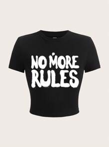 SHEIN EZwear Casual Letter Print Round Neck Short Sleeve Cropped Fitted Women T-Shirt, Suitable For Summer Back To School - Black - View 1