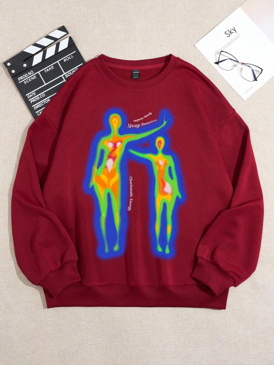 SHEIN EZwear Bản đồ Thân nhiệt In Thả vai Áo nỉ - Màu Đỏ Sâu - Xem 1