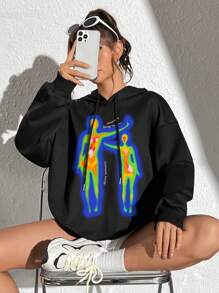 SHEIN EZwear 女士休閒寬鬆連帽加厚毛衣，秋冬季，印有標語圖案 - 黑色 - 查看 1