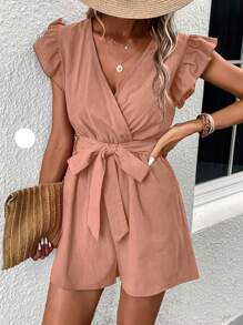 SHEIN LUNE Surplice cổ Viền Ruffle Thắt lưng Romper - Hồng - Xem 3