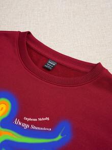 SHEIN EZwear Bản đồ Thân nhiệt In Thả vai Áo nỉ - Màu Đỏ Sâu - Xem 3