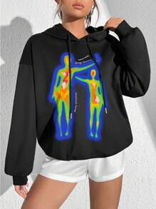 SHEIN EZwear 女士休閒寬鬆連帽加厚毛衣，秋冬季，印有標語圖案 - 黑色 - 查看 5