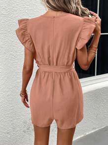 SHEIN LUNE Surplice cổ Viền Ruffle Thắt lưng Romper - Hồng - Xem 2