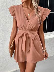 SHEIN LUNE Surplice cổ Viền Ruffle Thắt lưng Romper - Hồng - Xem 1