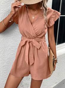 SHEIN LUNE Surplice cổ Viền Ruffle Thắt lưng Romper - Hồng - Xem 4