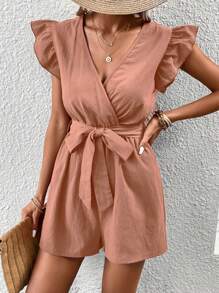 SHEIN LUNE Surplice cổ Viền Ruffle Thắt lưng Romper - Hồng - Xem 5