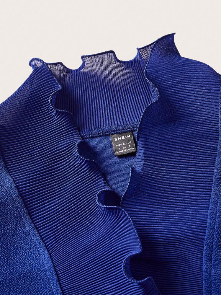 SHEIN LUNE שולי קפלים פתח קדמי ג'קט קצר - כחול מלכותי - ראה 4