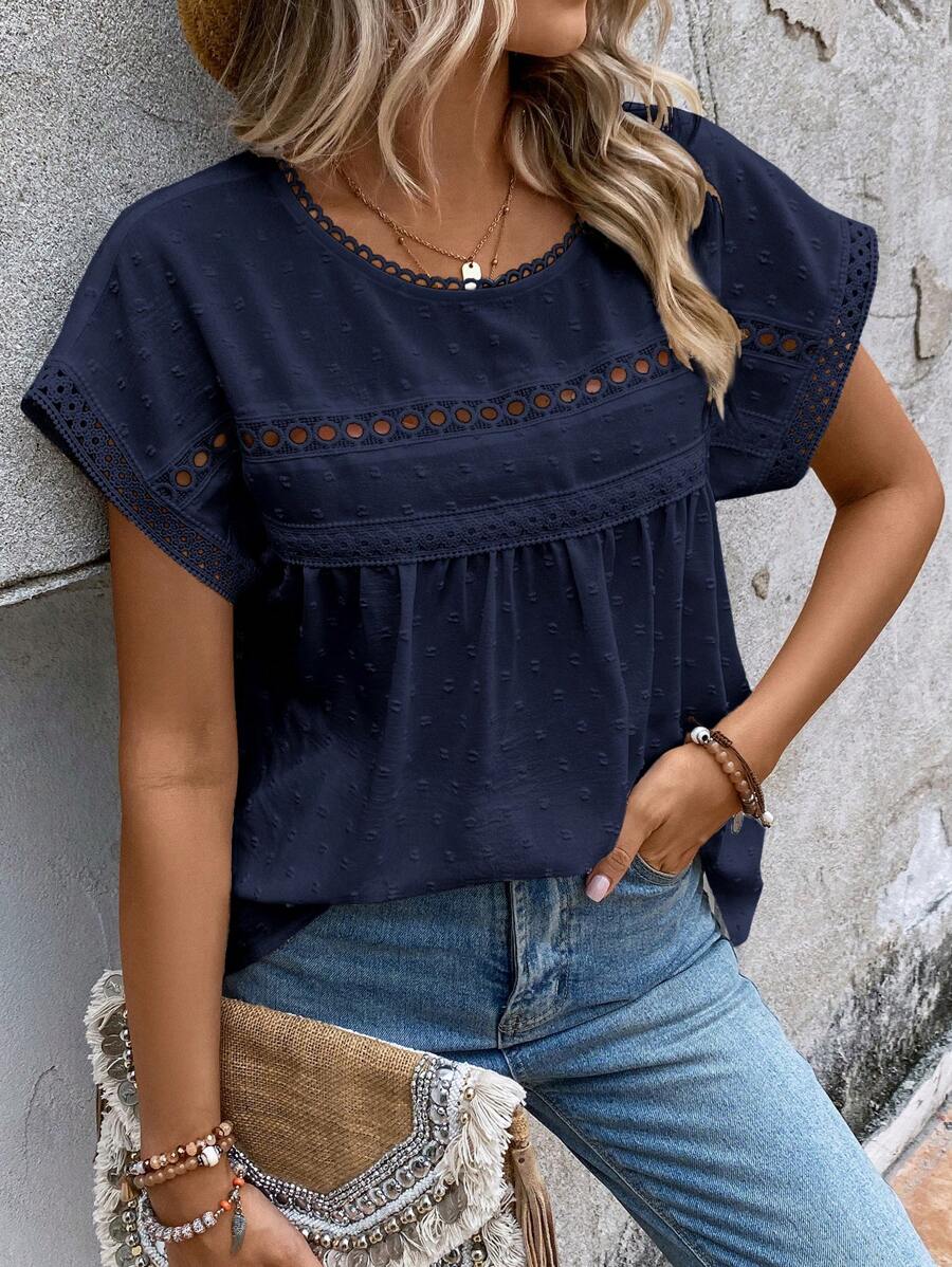 EMERY ROSE Swiss Dot Contrast Lace Batwing Sleeve Blouse - Navy Blue - View 1