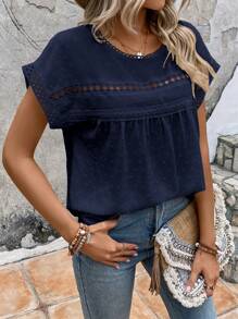 EMERY ROSE Swiss Dot Contrast Lace Batwing Sleeve Blouse - Navy Blue - View 3