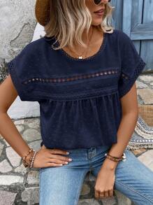 EMERY ROSE Swiss Dot Contrast Lace Batwing Sleeve Blouse - Navy Blue - View 4