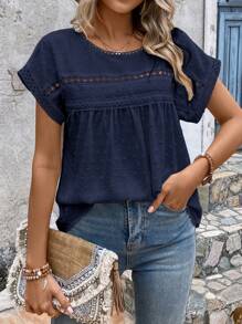EMERY ROSE Swiss Dot Contrast Lace Batwing Sleeve Blouse - Navy Blue - View 5