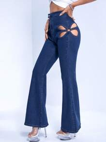 SHEIN ICON Jeans a gamba svasata scavato - Blu lavato scuro - Visualizzare 1