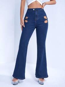 SHEIN ICON Jeans a gamba svasata scavato - Blu lavato scuro - Visualizzare 5