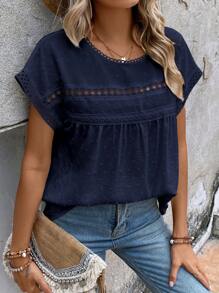 EMERY ROSE Swiss Dot Contrast Lace Batwing Sleeve Blouse - Navy Blue - View 7
