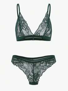 花卉蕾丝胸罩和丁字裤性感内衣套装 - 墨綠色 - 查看 3