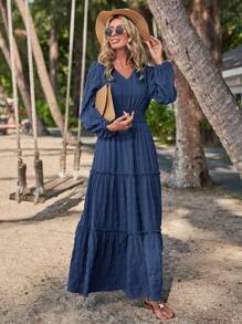 SHEIN LUNE 素色荷葉邊A字連衣裙 - 藏蓝色 - 查看 4