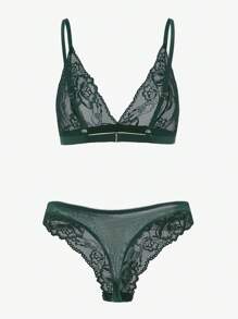 花卉蕾丝胸罩和丁字裤性感内衣套装 - 墨綠色 - 查看 5