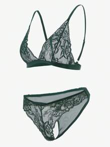 花卉蕾丝胸罩和丁字裤性感内衣套装 - 墨綠色 - 查看 6