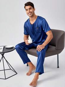 Men Letter Graphic Patched Pocket PJ Set - Blue - View 1