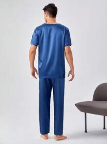 Men Letter Graphic Patched Pocket PJ Set - Blue - View 2