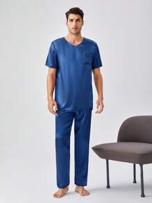 Men Letter Graphic Patched Pocket PJ Set - Blue - View 3