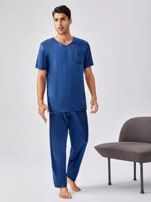 Men Letter Graphic Patched Pocket PJ Set - Blue - View 4