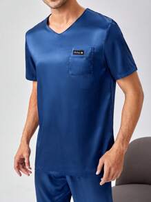 Men Letter Graphic Patched Pocket PJ Set - Blue - View 5