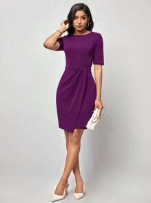 SHEIN Clasi 素色圍裹下擺緊身連衣裙 - 紫色 - 查看 3