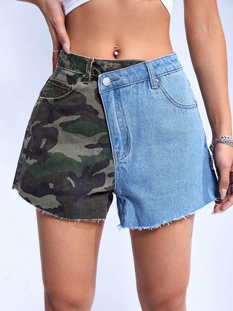 Camo Print Raw Hem Denim Shorts