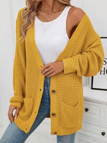 SHEIN Clasi Dual Pocket Drop Shoulder Cardigan - Mustard Yellow - View 3