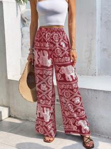 SHEIN Frenchy Elephant Print Wide Leg Pants Winter - Red and White - View 4