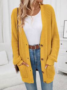 SHEIN Clasi Dual Pocket Drop Shoulder Cardigan - Mustard Yellow - View 1
