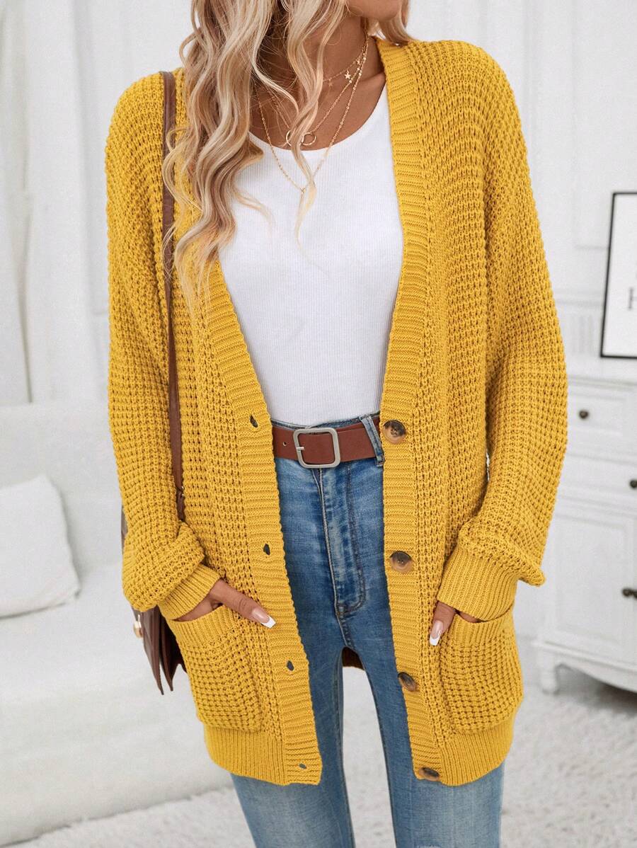 SHEIN Clasi Dual Pocket Drop Shoulder Cardigan - Mustard Yellow - View 1