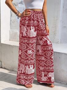 SHEIN Frenchy Elephant Print Wide Leg Pants Winter - Red and White - View 5