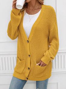 SHEIN Clasi Dual Pocket Drop Shoulder Cardigan - Mustard Yellow - View 6