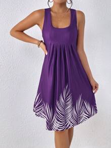 SHEIN VCAY Vestido tank con estampado de hoja con diseño de fruncido - Morado - Ver 1
