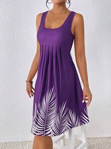 SHEIN VCAY Vestido tank con estampado de hoja con diseño de fruncido - Morado - Ver 3