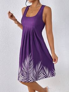SHEIN VCAY Vestido tank con estampado de hoja con diseño de fruncido - Morado - Ver 4