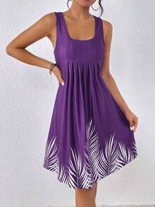 SHEIN VCAY Vestido tank con estampado de hoja con diseño de fruncido - Morado - Ver 5