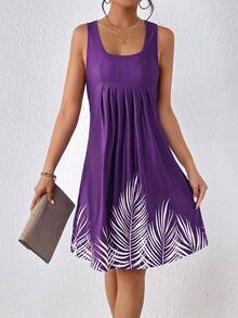 SHEIN VCAY Vestido tank con estampado de hoja con diseño de fruncido - Morado - Ver 6